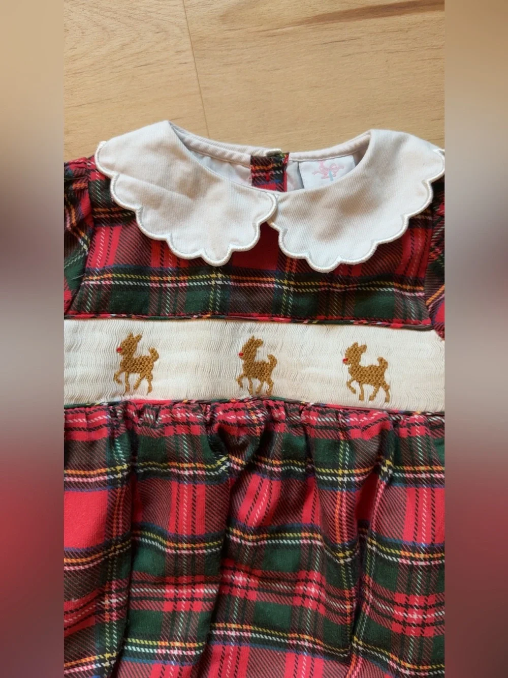 Lillie & Lilah Classic Red Green Plaid Smocked Reindeer Baby Girl Romper 12M